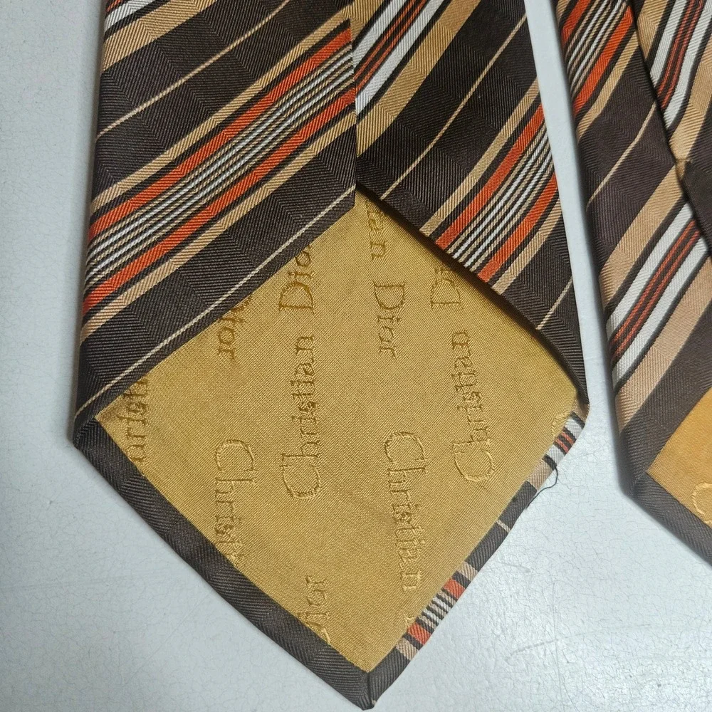 Vintage Christian Dior Monsieur Silk Tie Brown Orange Striped Made in France